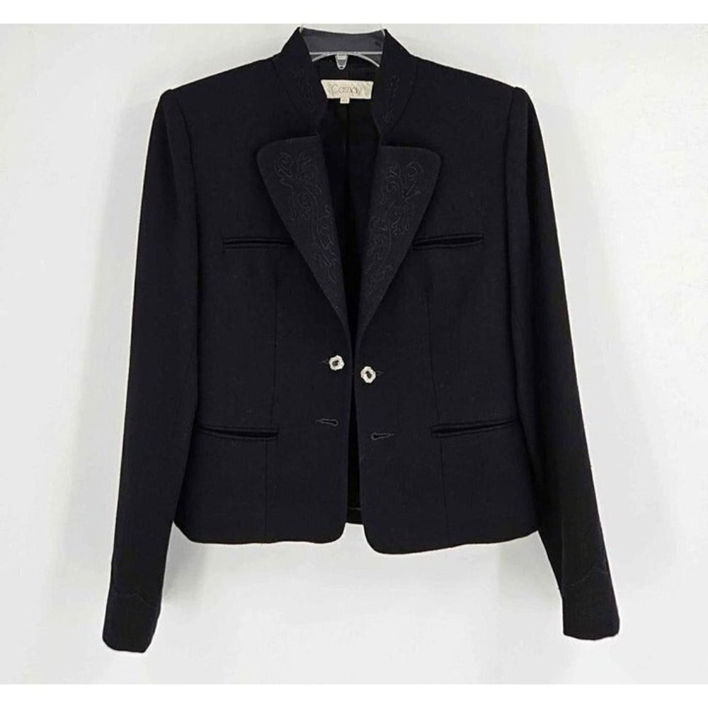 Vintage Cassidy Wool Black Short Blazer Embroidered Lapel & Sleeve Sz 10
